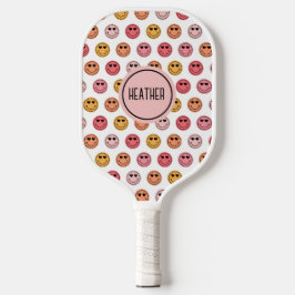 Cute Pink Smile Face Pattern Monogram Pickleball Paddle
