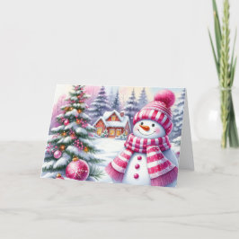 Cute Pink Snowman Christmas Feestdagen Kaart