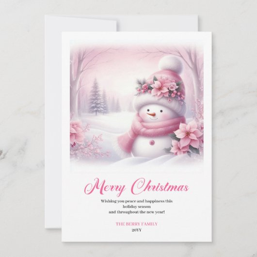 Cute pink snowman Christmas greeting card for kids Feestdagenkaart (Voorkant)