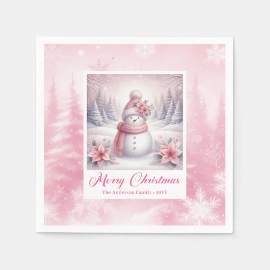 Cute Pink Snowman Christmas Napkin Winter Scene Servet (Voorkant)