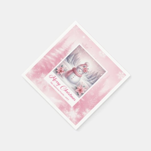 Cute Pink Snowman Christmas Napkin Winter Scene Servet (Hoek)