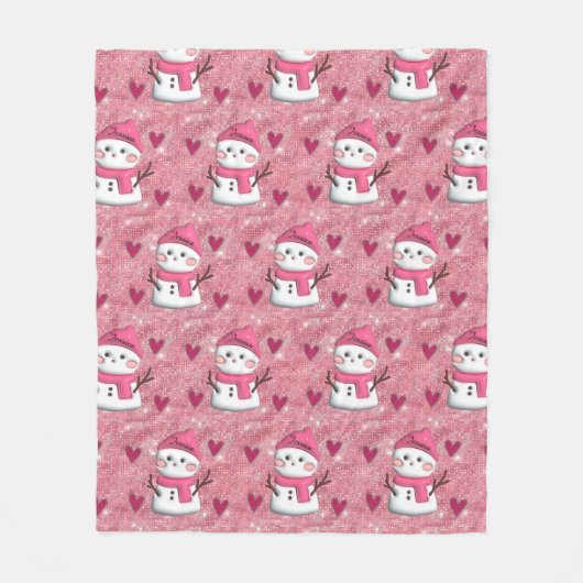 Cute Pink Snowman hearts Personalized Name  Fleece Deken (Voorkant)