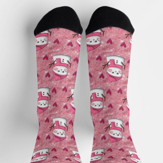 Cute Pink Snowman hearts Personalized Name  Sokken (Top)