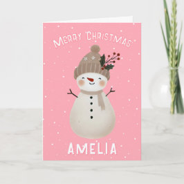 Cute Pink Snowman Kid`s Name Merry Christmas Kaart