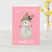 Cute Pink Snowman Kid`s Name Merry Christmas Kaart (Gele Bloem)