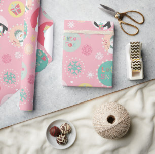 Cute Pink Snowman & Penguin Kinder kerst Cadeaupapier