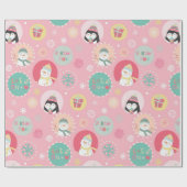 Cute Pink Snowman & Penguin Kinder kerst Cadeaupapier (Vlak)