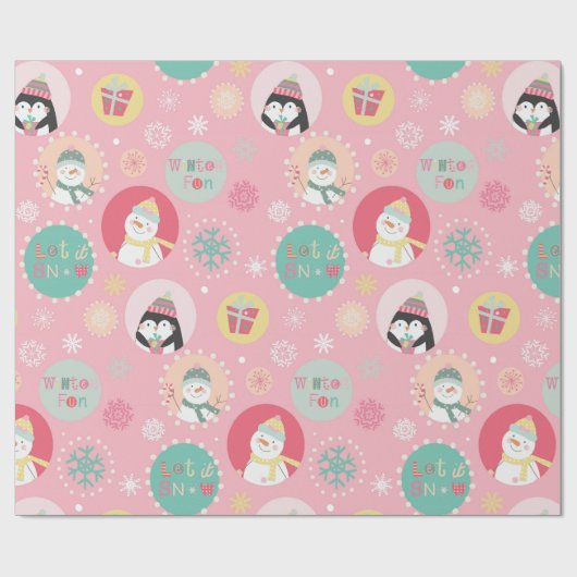 Cute Pink Snowman & Penguin Kinder kerst Cadeaupapier (Vlak)