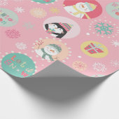 Cute Pink Snowman & Penguin Kinder kerst Cadeaupapier (Hoek)