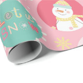 Cute Pink Snowman & Penguin Kinder kerst Cadeaupapier (Rol Hoek)