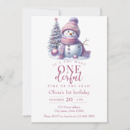 Cute Pink Snowman Winter Birthday Invitation Kaart