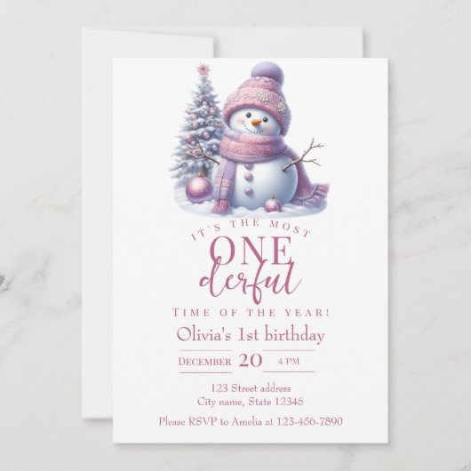 Cute Pink Snowman Winter Birthday Invitation Kaart (Voorkant)