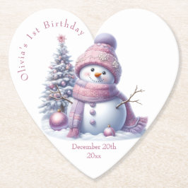 Cute Pink Snowman Winter Birthday Kartonnen Onderzetters