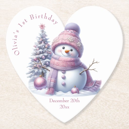 Cute Pink Snowman Winter Birthday Kartonnen Onderzetters (Voorkant)
