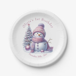 Cute Pink Snowman Winter Birthday Papieren Bordje