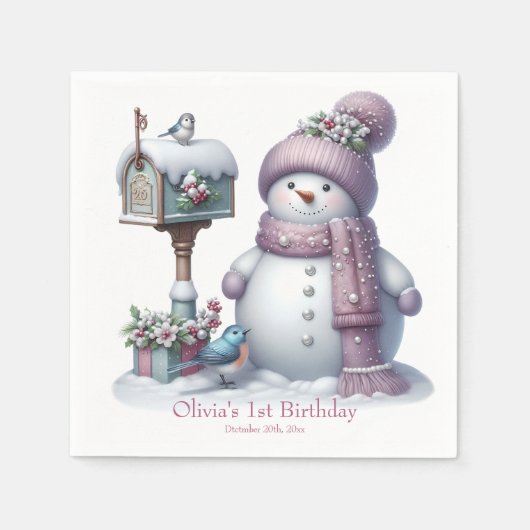 Cute Pink Snowman Winter Birthday Servet (Voorkant)