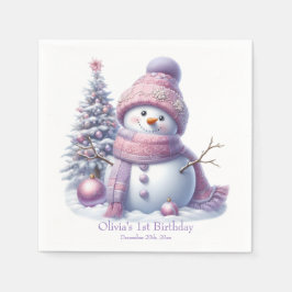 Cute Pink Snowman Winter Birthday Servet