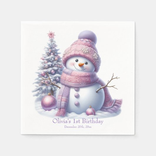 Cute Pink Snowman Winter Birthday Servet (Voorkant)