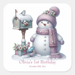 Cute Pink Snowman Winter Birthday Vierkante Sticker