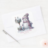 Cute Pink Snowman Winter Birthday Vierkante Sticker (Envelop)