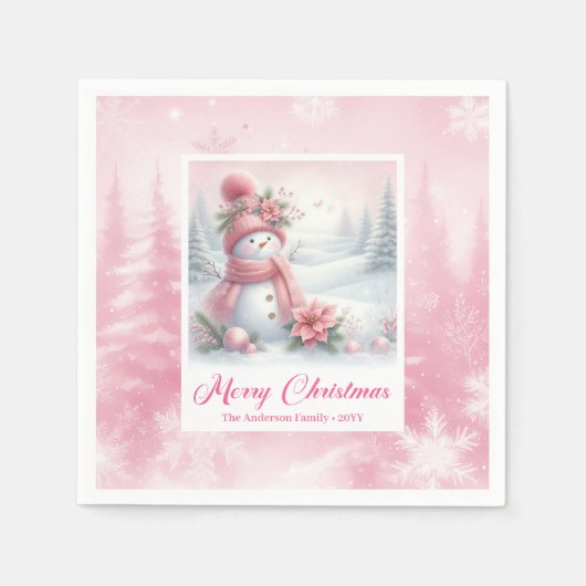 Cute Pink Snowman Winter Scene Christmas Napkins Servet (Voorkant)