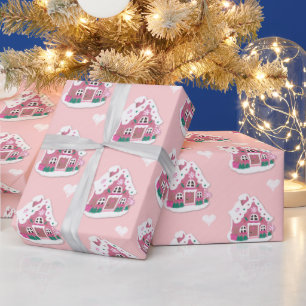Cute Pink Snowy Gingerbrood House Cadeaupapier