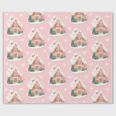 Cute Pink Snowy Gingerbrood House Cadeaupapier (Vlak)