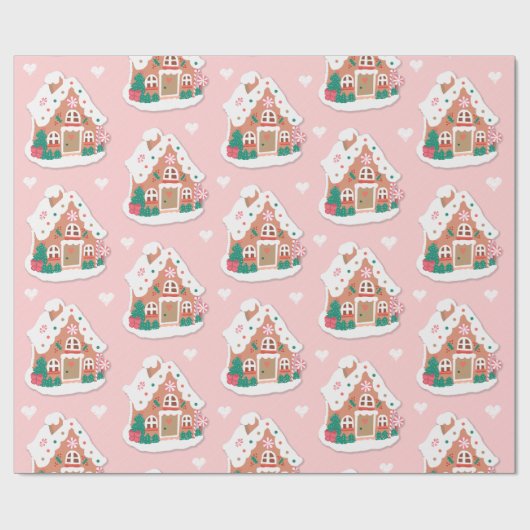 Cute Pink Snowy Gingerbrood House Cadeaupapier (Vlak)