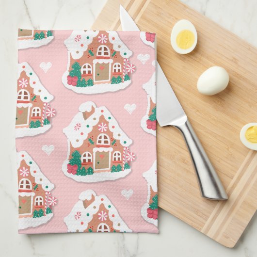 Cute Pink Snowy Gingerbrood House Theedoek (Quarter Fold)