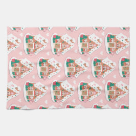 Cute Pink Snowy Gingerbrood House Theedoek