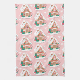 Cute Pink Snowy Gingerbrood House Theedoek