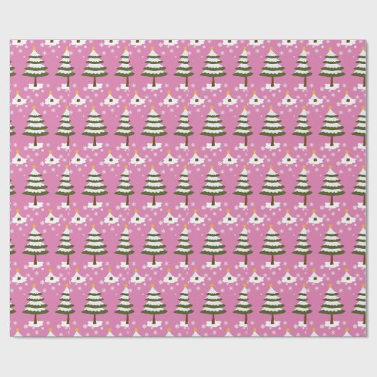 Cute Pink Snowy Kerstmis Pattern Girls Cadeaupapier (Vlak)