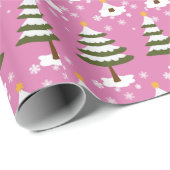 Cute Pink Snowy Kerstmis Pattern Girls Cadeaupapier (Rol Hoek)
