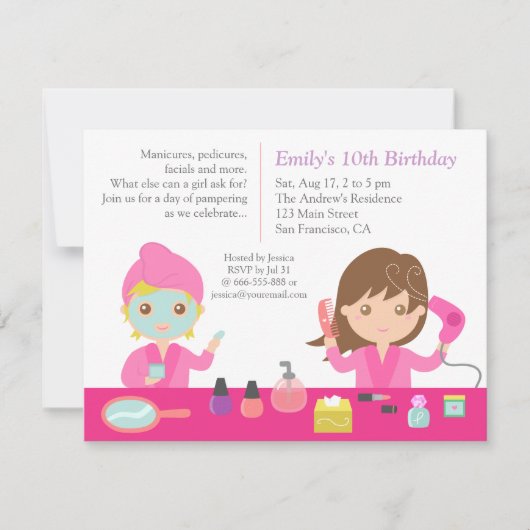 Cute Pink Spa Birthday Party Invitation Kaart (Voorkant)