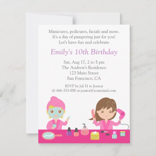 Cute Pink Spa Birthday Party Invitation Kaart (Voorkant)