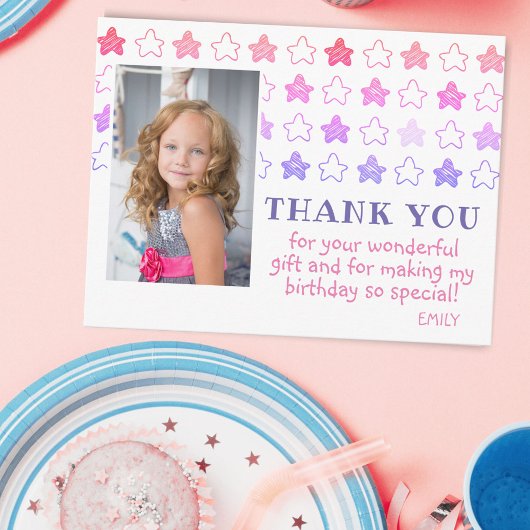 Cute Pink Star Girly Foto Birthday Hartelijk dank Briefkaart