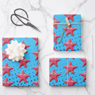 Cute Pink Starfish Blue Ocean Inpakpapier Vel