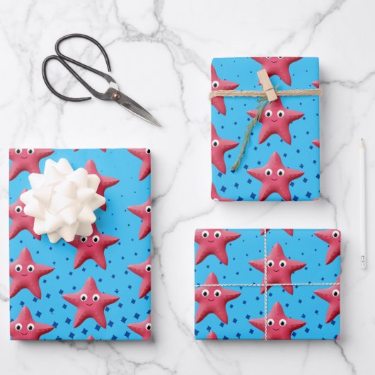 Cute Pink Starfish Blue Ocean Inpakpapier Vel (Voorkant)