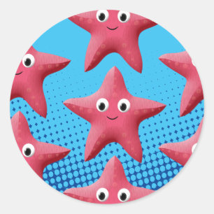 Cute Pink Starfish Blue Ocean Ronde Sticker