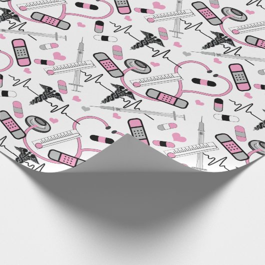 Cute Pink Stethoscope Nurse | Doctor EKG Pattern Cadeaupapier (Hoek)