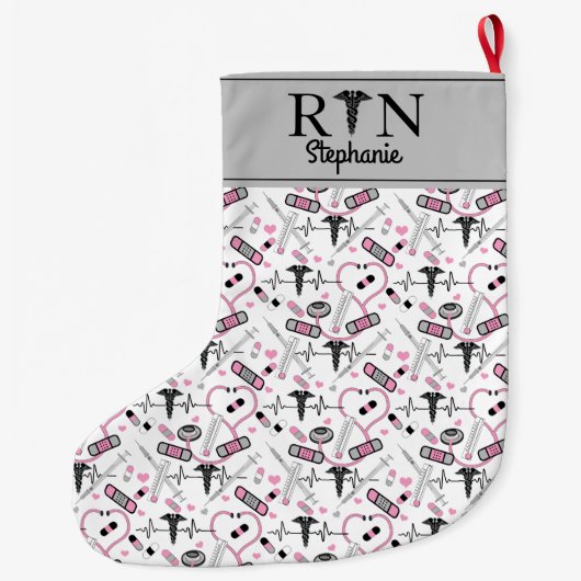 Cute Pink Stethoscope Nurse | Doctor EKG Pattern  Grote Kerstsok (Achterkant)