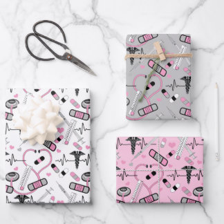 Cute Pink Stethoscope Nurse | Doctor EKG Pattern Inpakpapier Vel