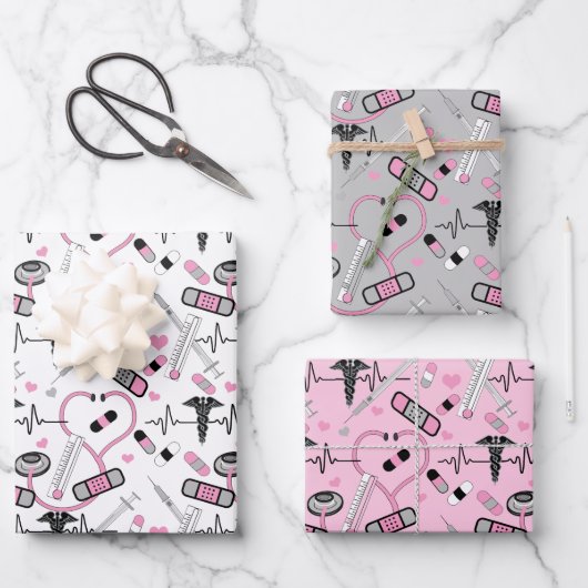 Cute Pink Stethoscope Nurse | Doctor EKG Pattern Inpakpapier Vel (Voorkant)