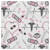 Cute Pink Stethoscope Nurse | Doctor EKG Pattern Stof (Close Up)