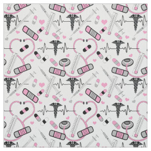 Cute Pink Stethoscope Nurse Doctor EKG Pattern Stof