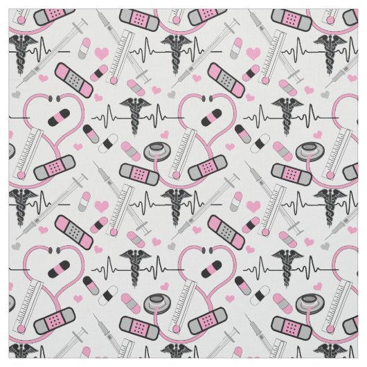 Cute Pink Stethoscope Nurse | Doctor EKG Pattern Stof (Swatch)