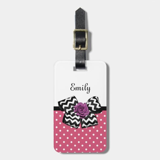 Cute Pink Stippen Paars Roos Chevron Bow en naam Bagagelabel (Voorkant verticaal)