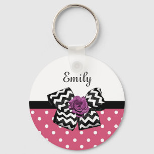 Cute Pink Stippen Paars Roos Chevron Bow en naam Sleutelhanger