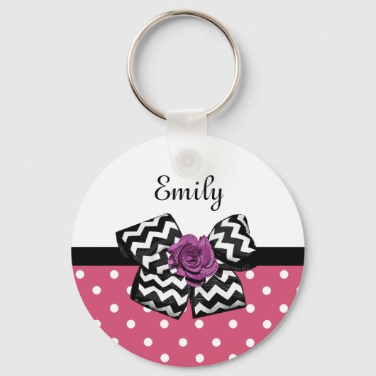 Cute Pink Stippen Paars Roos Chevron Bow en naam Sleutelhanger (Voorkant)