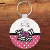 Cute Pink Stippen Paars Roos Chevron Bow en naam Sleutelhanger (Voorkant)